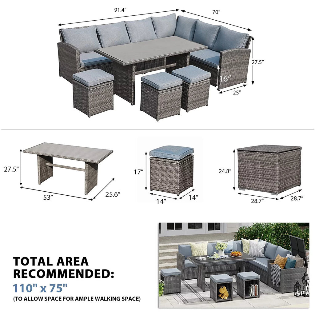 8 Piece Wicker Patio Furniture Set with Dining Table and Gray Cushions P644723