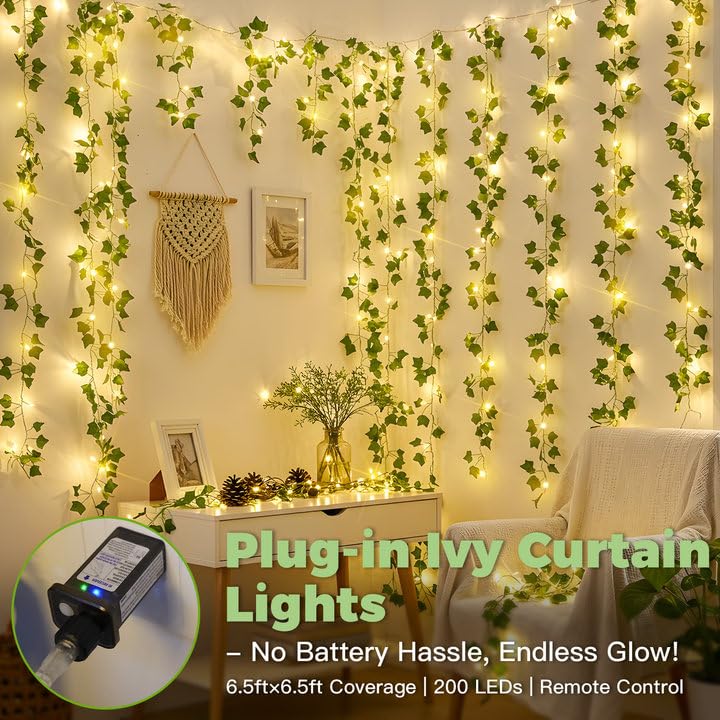 200 LED 6.5ft x 6.5ft Pothos Fairy Curtain Lights with Remote Warm White Y273